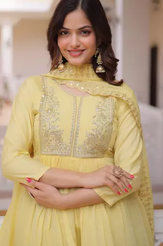 Yellow chanderi readymade suit with embroidery & beads work