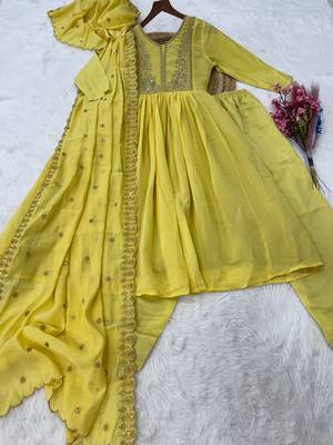 Yellow chanderi readymade suit with embroidery & beads work 3