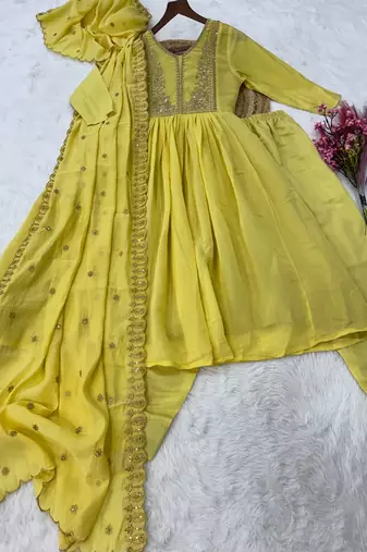 Yellow chanderi readymade suit with embroidery & beads work