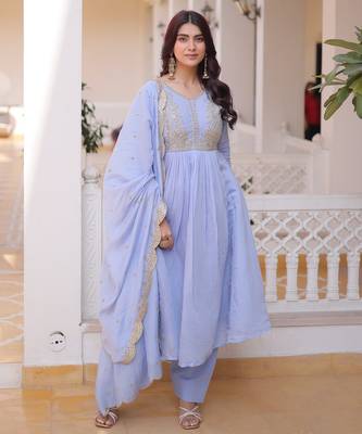 Sky blue chanderi readymade suit with embroidery & beads work 1