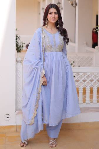 Sky blue chanderi readymade suit with embroidery & beads work
