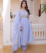 Sky blue chanderi readymade suit with embroidery & beads work