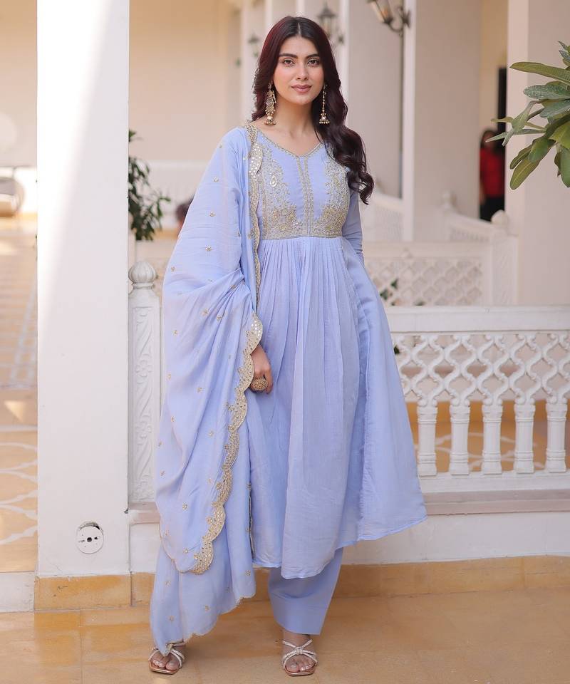 Sky blue chanderi readymade suit with embroidery & beads work