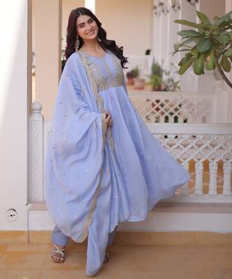 Sky blue chanderi readymade suit with embroidery & beads work 2