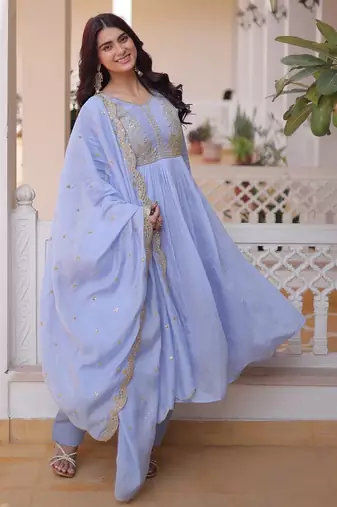 Sky blue chanderi readymade suit with embroidery & beads work