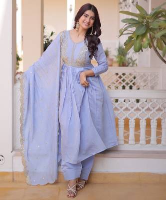Sky blue chanderi readymade suit with embroidery & beads work 3