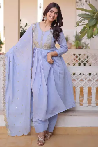 Sky blue chanderi readymade suit with embroidery & beads work