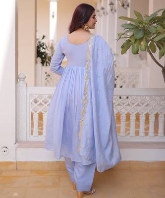 Sky blue chanderi readymade suit with embroidery & beads work 4