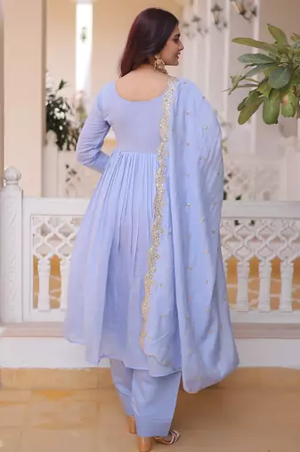 Sky blue chanderi readymade suit with embroidery & beads work