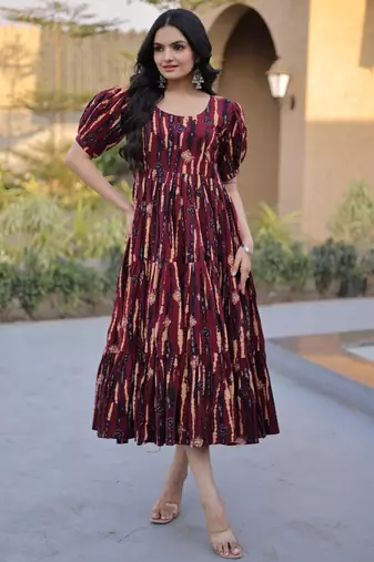 Brown cotton readymade kurti with floral printed work