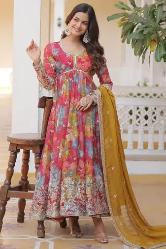 Peach silk readymade anarkali suit with zari & sequin  work