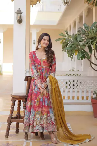 Peach silk readymade anarkali suit with zari & sequin  work