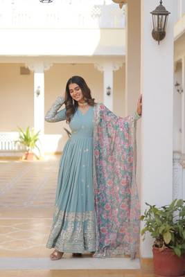 Sky blue georgette readymade anarkali suit with zari & sequin  work 4