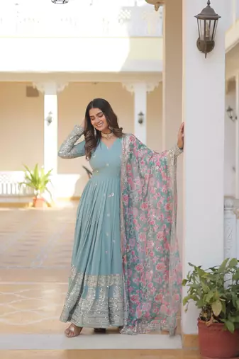 Sky blue georgette readymade anarkali suit with zari & sequin  work