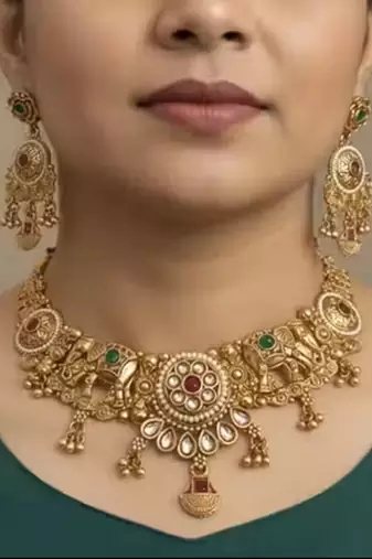 Indian bollywood gold plated kundan choker bridal necklace earrings jewelry set