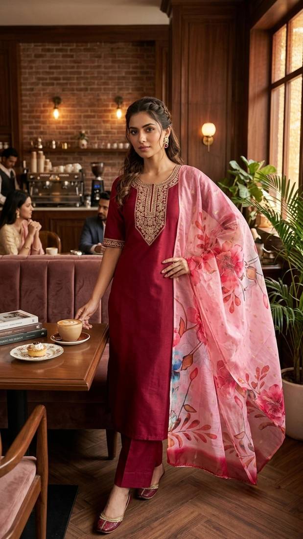 Maroon coding sequence embroidered kurta with trouser & dupatta