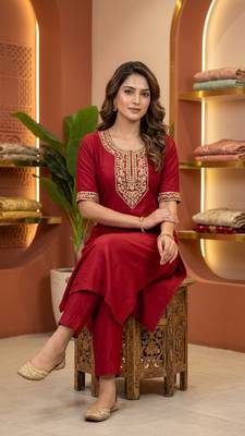 Maroon coding sequence embroidered kurta with trouser & dupatta 4