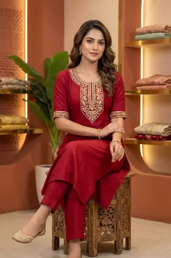 Maroon coding sequence embroidered kurta with trouser & dupatta