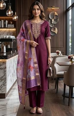 Wine coding sequence embroidered kurta with trouser & dupatta 1