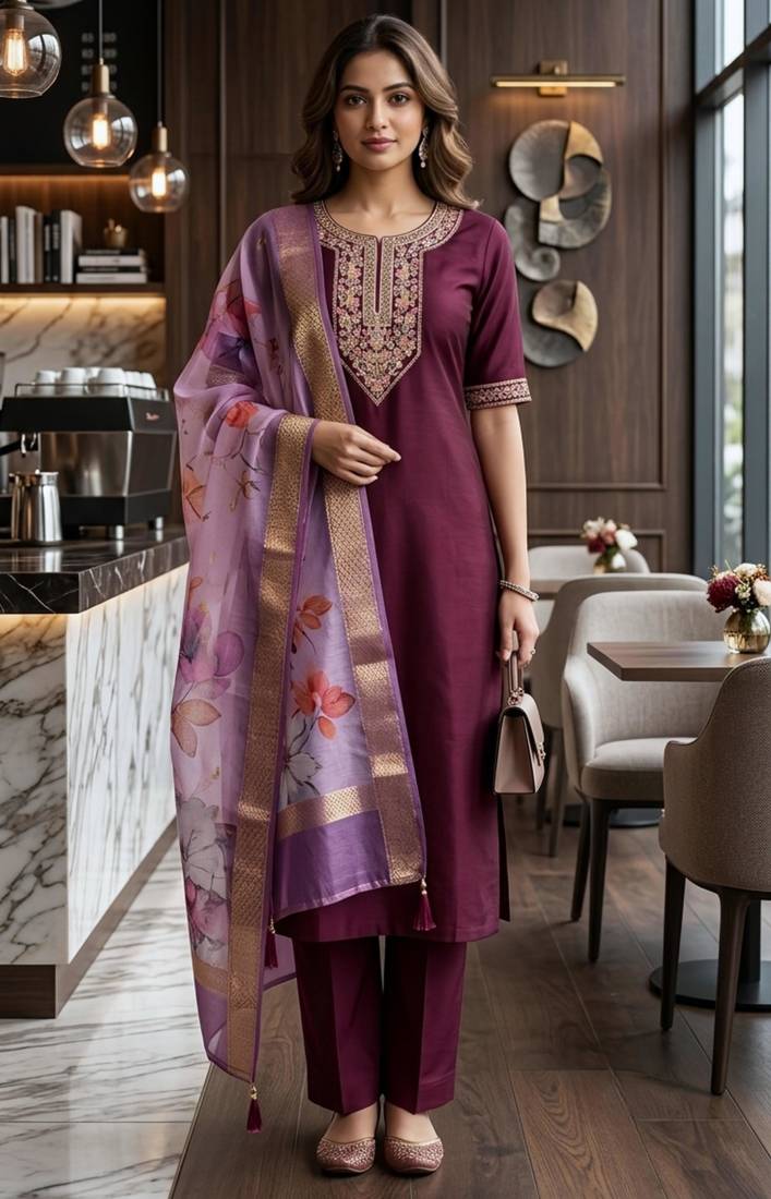Wine coding sequence embroidered kurta with trouser & dupatta