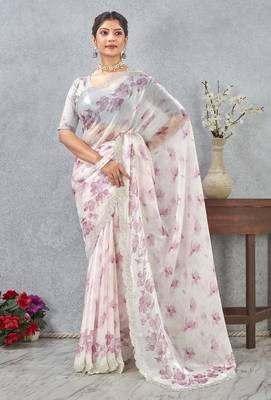 Pink Digital printed satin silk designer wedding saree for women 1