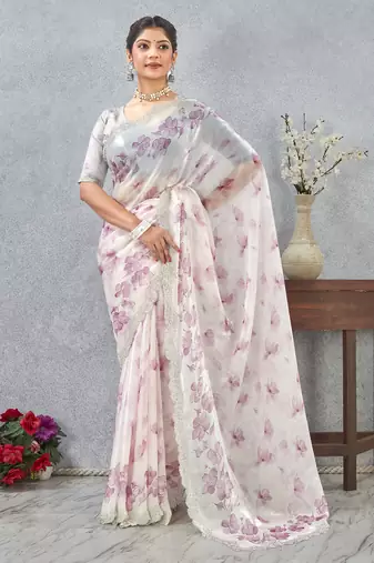 Pink Digital printed satin silk designer wedding saree for women