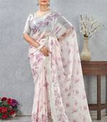 Pink Digital printed satin silk designer wedding saree for women