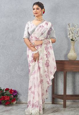 Pink Digital printed satin silk designer wedding saree for women 2