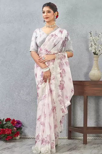 Pink Digital printed satin silk designer wedding saree for women