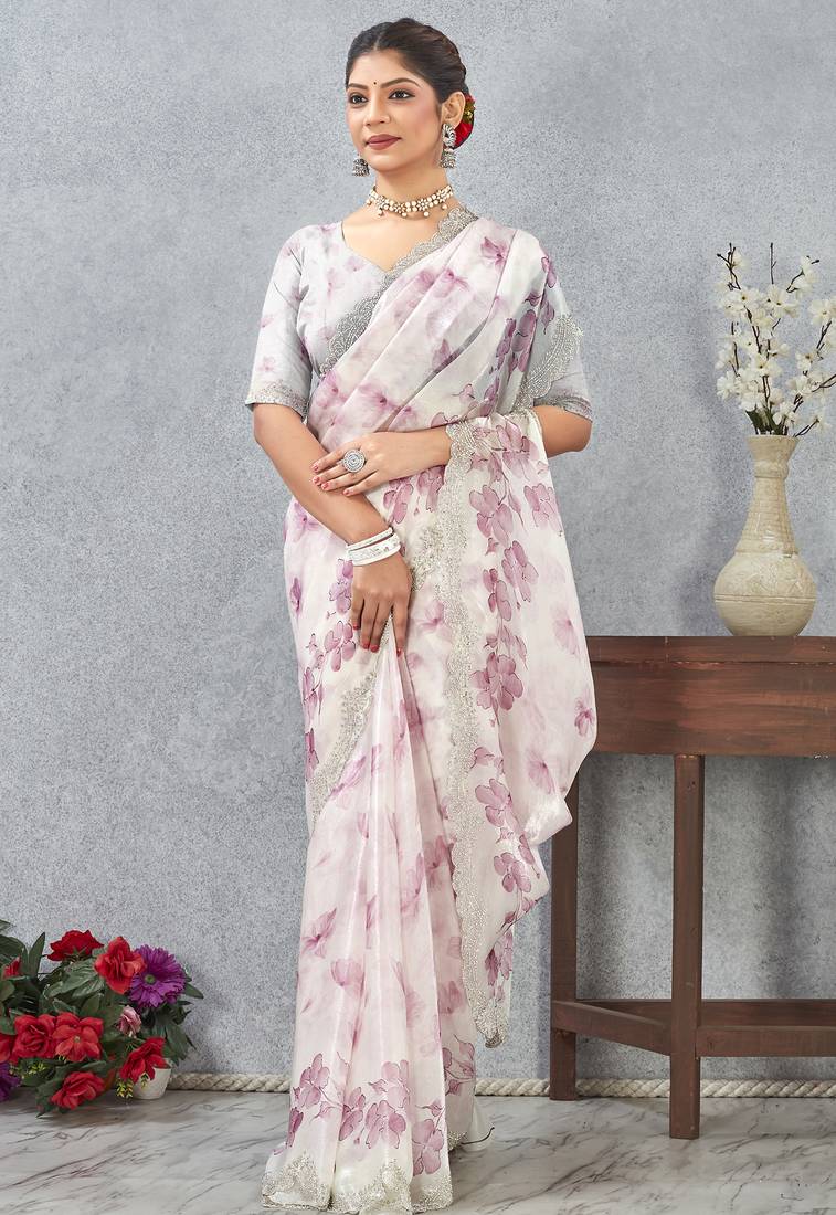 Pink Digital printed satin silk designer wedding saree for women