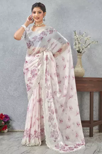 Pink Digital printed satin silk designer wedding saree for women