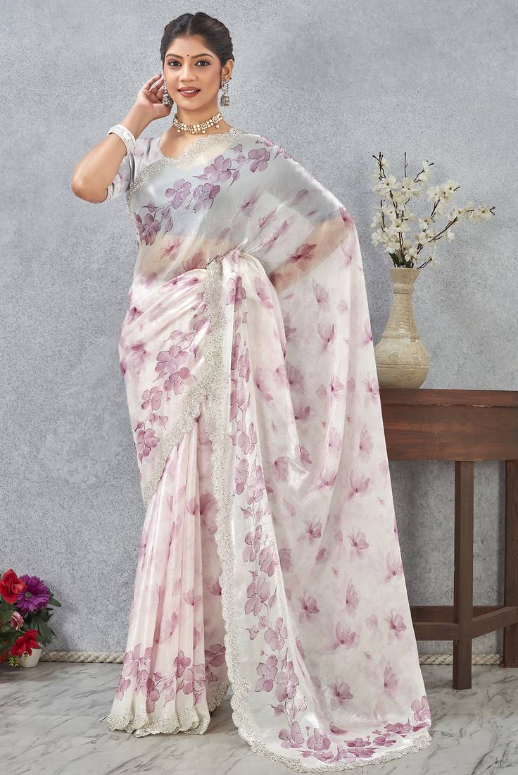 Pink Digital printed satin silk designer wedding saree for women