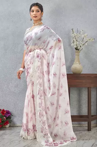 Pink Digital printed satin silk designer wedding saree for women