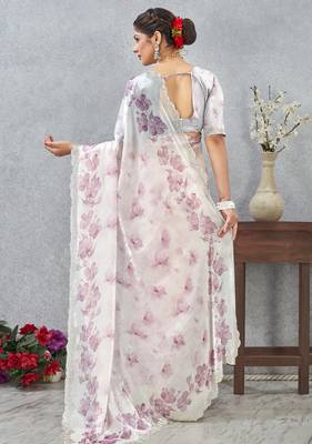 Pink Digital printed satin silk designer wedding saree for women 5