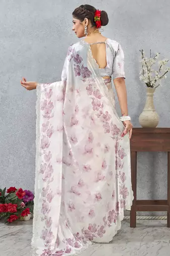 Pink Digital printed satin silk designer wedding saree for women