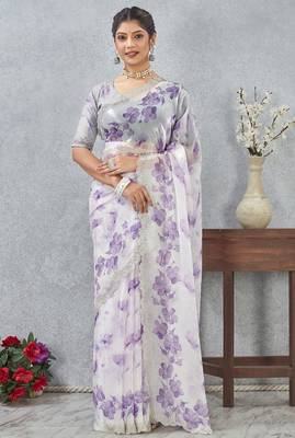 Purple digital printed satin silk designer wedding saree for women 1