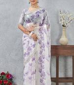 Purple digital printed satin silk designer wedding saree for women