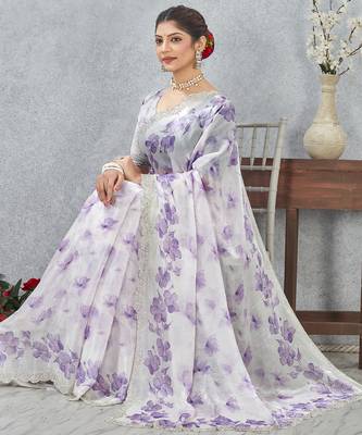 Purple digital printed satin silk designer wedding saree for women 2