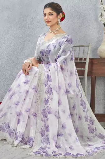 Purple digital printed satin silk designer wedding saree for women