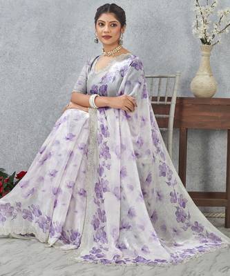 Purple digital printed satin silk designer wedding saree for women 3