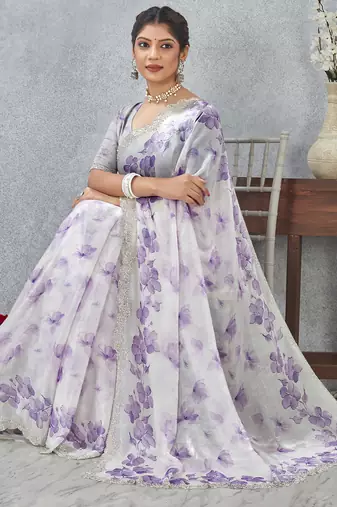 Purple digital printed satin silk designer wedding saree for women