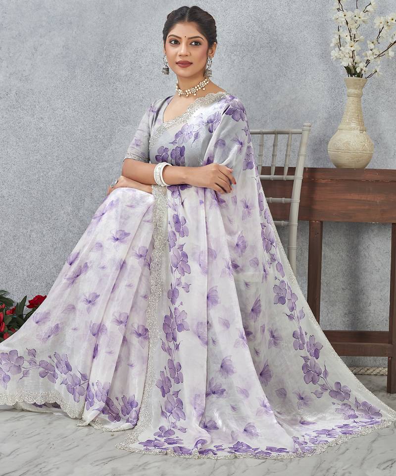Purple digital printed satin silk designer wedding saree for women