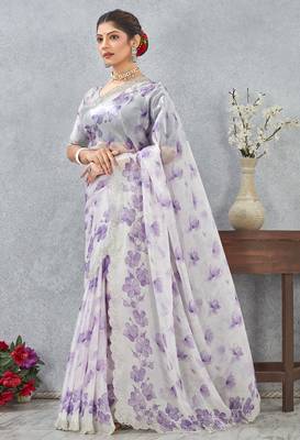Purple digital printed satin silk designer wedding saree for women 4