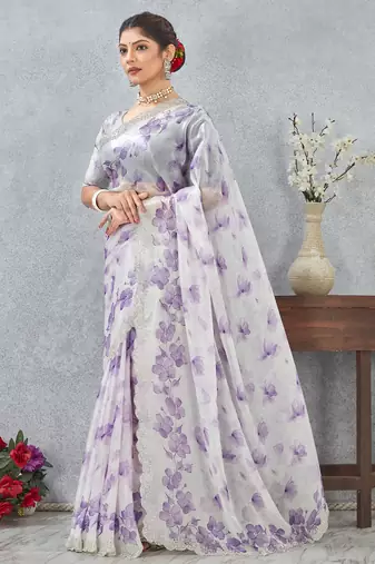 Purple digital printed satin silk designer wedding saree for women