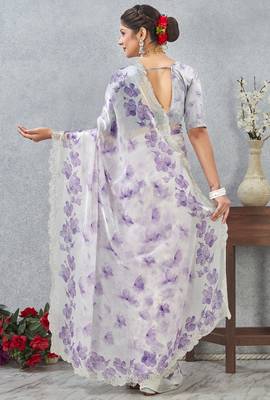 Purple digital printed satin silk designer wedding saree for women 5