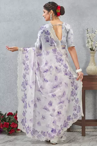 Purple digital printed satin silk designer wedding saree for women