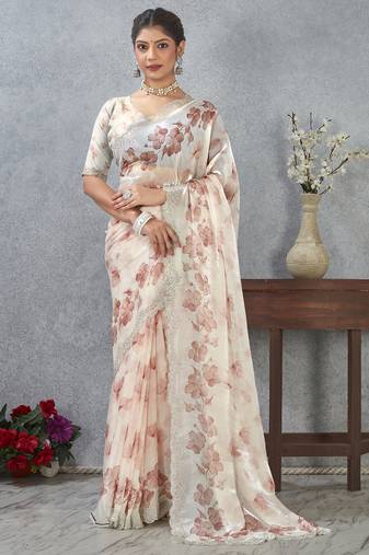 Peach digital printed satin silk designer wedding saree for women