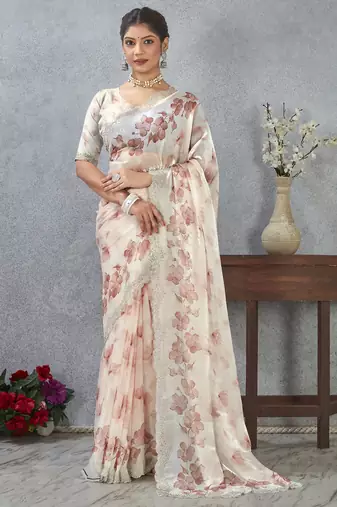 Peach digital printed satin silk designer wedding saree for women