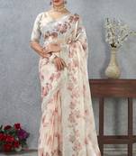 Peach digital printed satin silk designer wedding saree for women