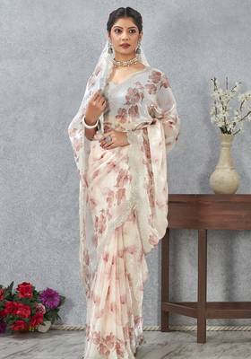 Peach digital printed satin silk designer wedding saree for women 2
